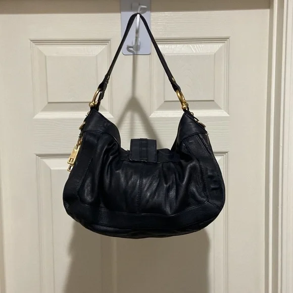 Steven Steve Madden Handbag Y2k Black Leather Turnlock Hobo Gp Metal - Picture 4 of 5